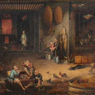 Tingqua (Canton, ca. 1809-1870): Buvoirs de thé dans l'écurie, huile sur toile, signée en bas à droite