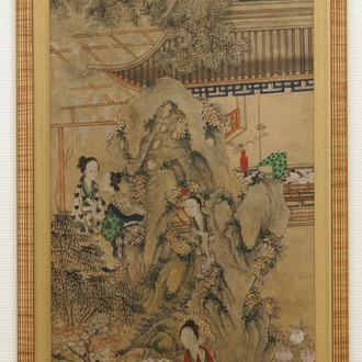 Ecole chinoise: Image du palais du printemps, 16/17ème et 'Guanyin aux servants', 19ème