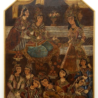 Ecole qajar, huile sur toile en forme d'arche: Les servantes de Zulaykha se mutilent en présence de Yusuf, Iran, 19ème