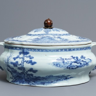 A Chinese blue and white tureen and cover with landscape design, Qianlong
