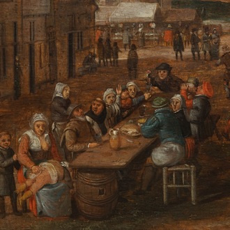 Flemish school: Village festival with festive table, oil on panel, 17th C.