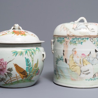 Deux bols couverts en porcelaine de Chine qianjiang cai et famille rose, 19/20ème