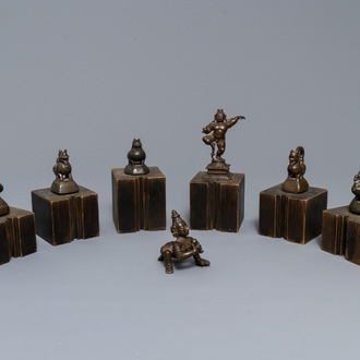 Five bronze 'animal' weights and two figures, Burma and India, 19th C.