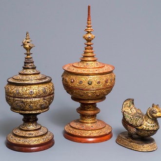 Two Burmese lacquer alms bowls and a Hintha betel box, 19/20th C.