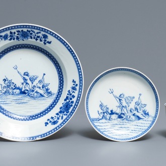 A Chinese blue and white mythological cup and saucer with matching plate depicting Neptune, Qianlong