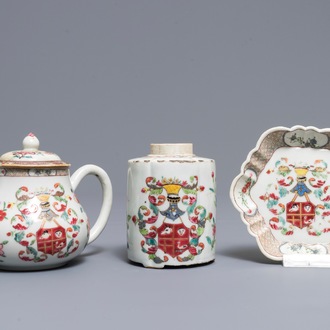 A Chinese famille rose armorial teapot, tea caddy and pattipan, Qianlong