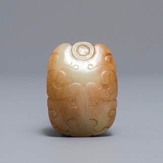 A Chinese russet jade 'Tiger Charm' inscribed pendant, 19/20th C.