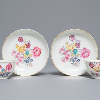 A pair of Chinese famille rose cups and saucers with fine floral design, Qianlong