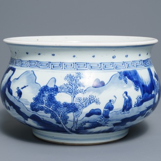 Een Chinese blauwwitte wierookbrander met figuren in een landschap, Kangxi