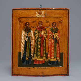 Une icône russe: Les Trois Saints Hiérarques, 19ème