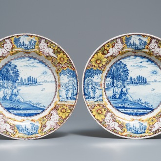 A pair of polychrome mixed technique Dutch Delft biblical plates, 18th C.