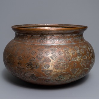 A large Islamic silvered and tinned copper basin, prob. Iran or Syria, 19th C.