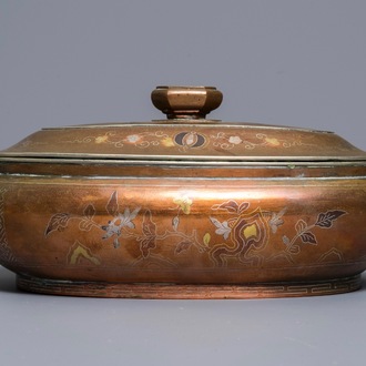 A Chinese inlaid brass box and cover, 19th C.