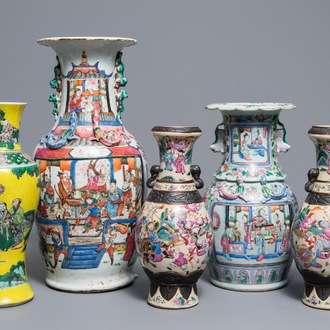 Five Chinese famille rose and verte vases, 19th C.