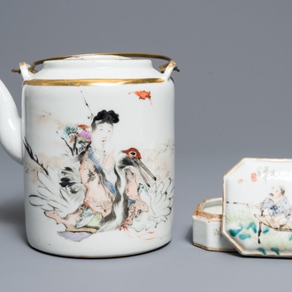 Une théière et une boîte couverte en porcelaine de Chine qianjiang cai, signées Ma Qingyun, 19/20ème