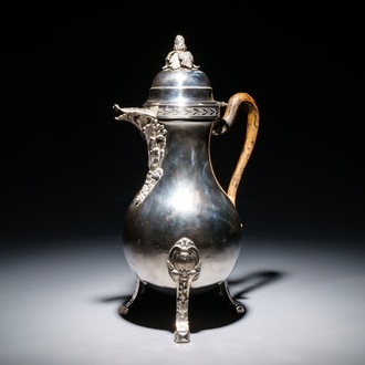 A Belgian Louis XVI silver tripod coffee jug with wooden handle, probably Ghent, 1792