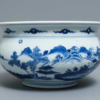 Een Chinese blauwwitte wierookbrander met figuren in een landschap, Kangxi