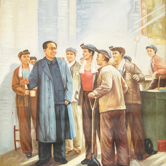 Ecole chinoise de la Révolution Culturelle: Le président Mao parle à un groupe d'ouvriers, huile sur toile, 3ème quart du 20ème