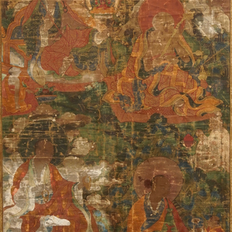 Un grand thangka à décor de trois arhats, Sino-Tibet, 18ème