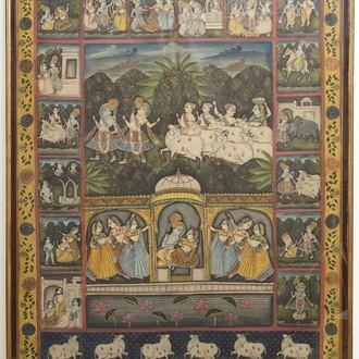 Ecole de Nathdwara, Rajasthan, Inde: Krishna et Radha, pigments à dorure sur tissu, 19/20ème