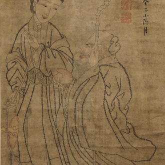 Chu (Zhu) Shang: Mei Shou Tu (Beauté, longévité et peinture), encre et couleur sur papier, datée 1773