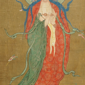 Ecole chinoise: La déesse Guanyin debout, encre et couleur sur papier, 18/19ème