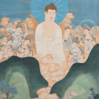 Ji Kang (1911-2007): Guanyin entourée de divinités tutélaires, aquarelle et encre sur papier, 20ème