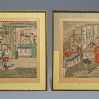 Ecole chinoise: Deux scènes de 'La Pérégrination vers l'Ouest', encre et couleur sur papier, 18/19ème