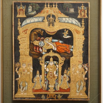 Ecole de Thanjavur, Inde du Sud: Vishnu reposant sur Ananta-Shesha, pigments et dorure sur tissu, 19/20ème