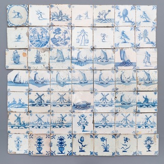 49 blauwwitte Delftse tegels met diverse decors, 17/18e eeuw