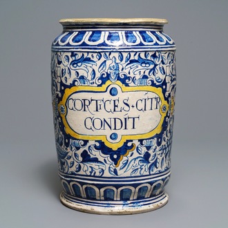 Een grote polychrome Antwerpse majolica albarello met a foglie decor, 2e helft 16e eeuw