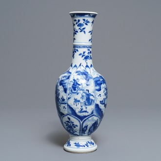 A Chinese blue and white bottle vase with horseriders and landscapes, Kangxi