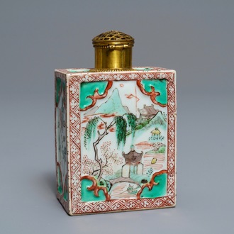 A Chinese famille verte relief-decorated tea caddy, Kangxi