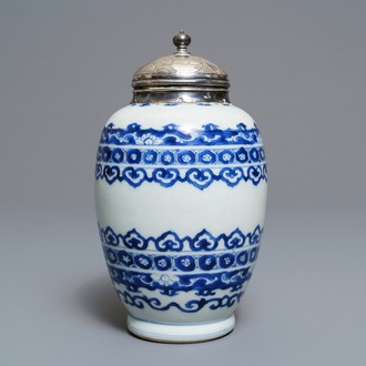 A Chinese silver-mounted blue and white tea caddy, Kangxi