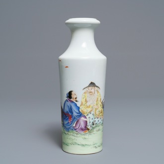 A Chinese famille rose rouleau vase with fishermen, Qianlong mark, Republic, 20th C.