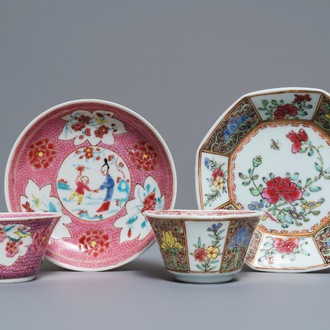 Deux tasses et soucoupes en porcelaine de Chine famille rose, Yongzheng/Qianlong