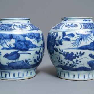 A pair of Chinese blue and white jars with birds among foliage, Wanli