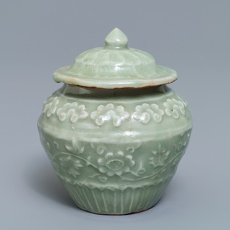 A small Chinese Longquan celadon vase and cover with underglaze design, Ming