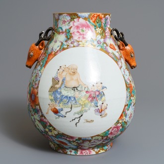 A Chinese famille rose 'millefleurs' hu vase, Qianlong mark, 20th C.