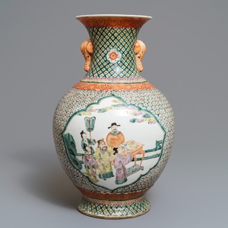 A Chinese famille rose elephant-handle hu vase, Wanli mark, 19th C.