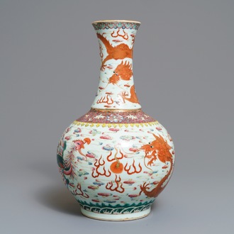 A Chinese famille rose tianqiu ping 'dragon and phoenix' vase, Guangxu