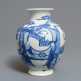 A Chinese blue and white 'Romance of the Western Chamber' vase, 19th C.