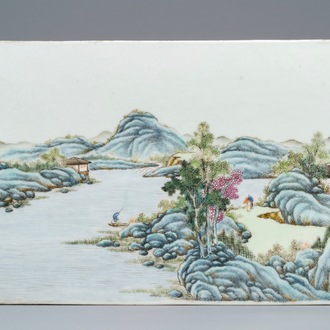 A Chinese famille rose 'river landscape' plaque, ca. 1900