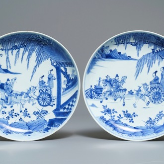A pair of Chinese blue and white figurative dishes, Kangxi/Yongzheng
