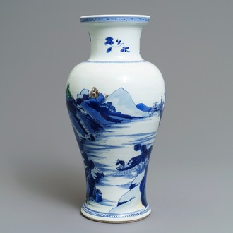 A Chinese blue and white 'river landscape' baluster vase with overglaze accents, Kangxi