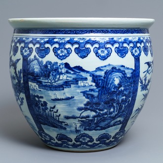 A Chinese blue and white fish bowl with landscape panels, 19th C.