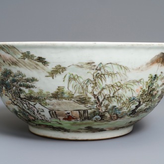 A large Chinese qianjiang cai 'landscape' bowl, 20th C.