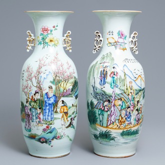 Deux vases en porcelaine de Chine famille rose à double décor, 19/20ème