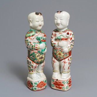 Two Chinese famille verte models of Hoho boys, Kangxi
