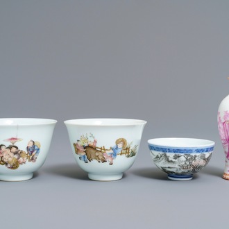 Quatre pièces en porcelaine de Chine famille rose et grisaille en coquille d'oeuf, 20ème